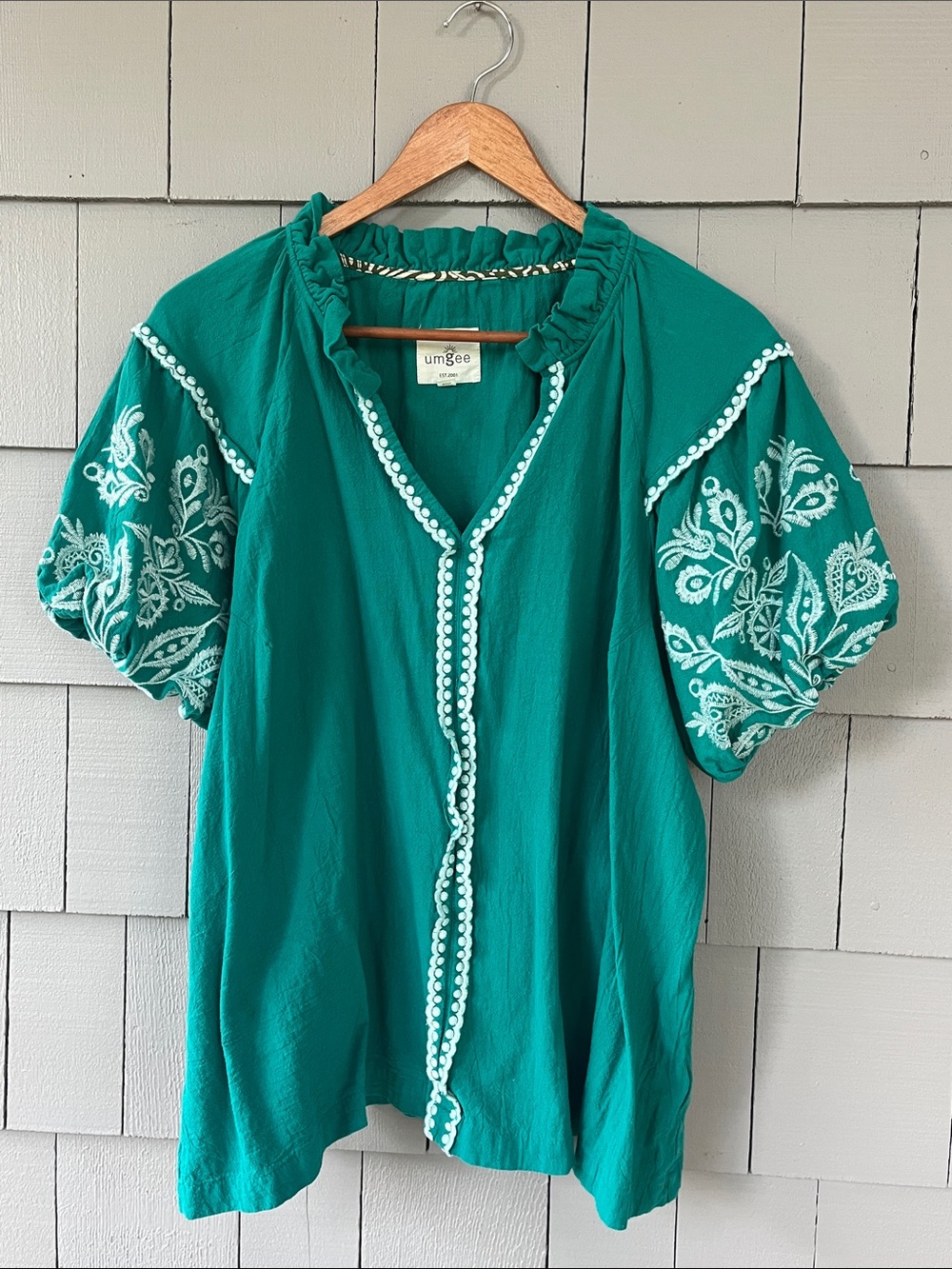 Umgee Teal Puff Sleeve Embroidered Blouse XL